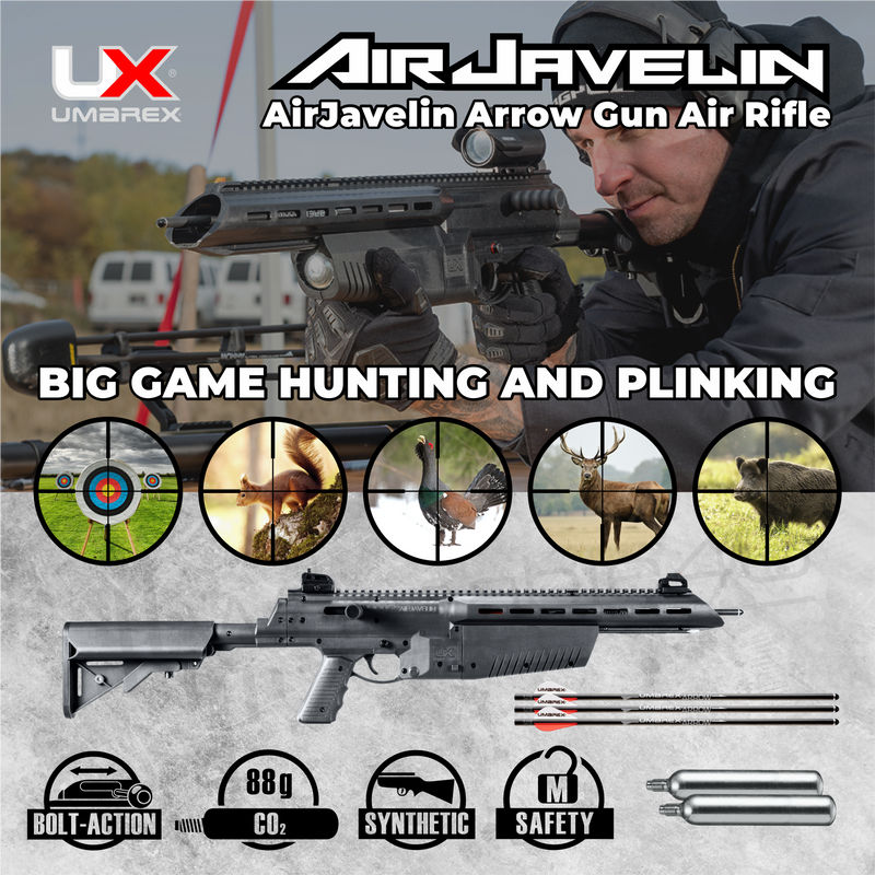 Umarex AirJavelin Arrow Gun Air Rifle with Carbon Fiber Arrows with Wearable4U 2x 90gr CO2 Tanks Bundle (Black)