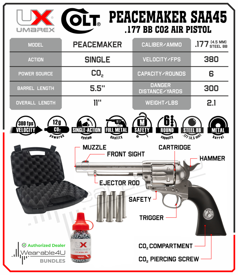 Umarex Colt Peacemaker SAA45 .177 Caliber BB CO2 Air Pistol BB Air Revolver with Wearable4U Hard Case and BBs Bundle