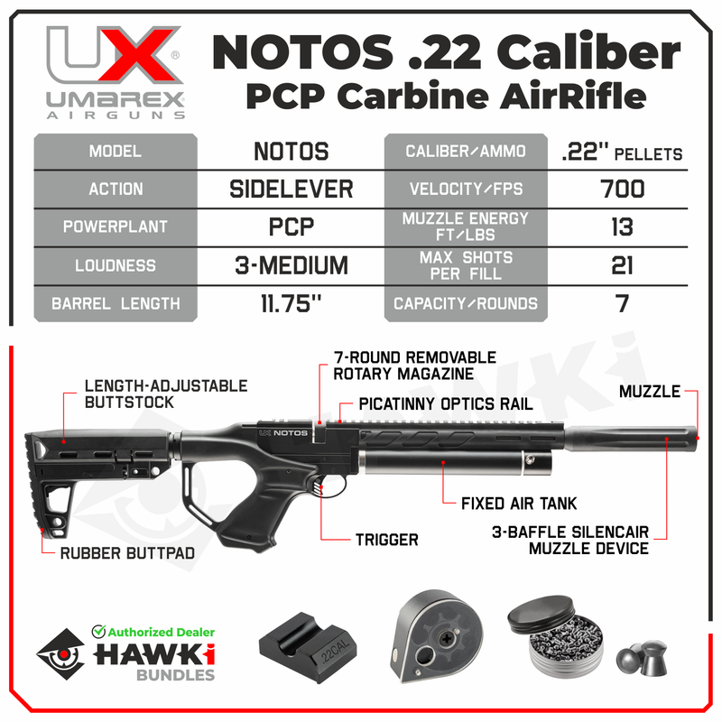 Umarex Notos PCP .22 Caliber Pellet Carbine Air Rifle (2254847) with Pack of 250x .22 Cal Pellets and Extra Mag Bundle