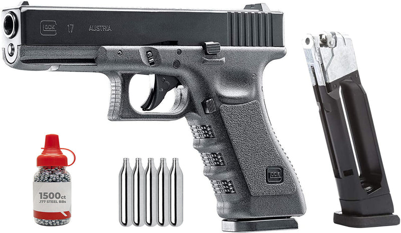Umarex Glock 17 Gen 3 .177 Caliber 18 Rounds Blowback Air Pistol, Black (2255208) with 5x12 CO2 Tanks and Pack of 1500ct BBs and Extra Mag Bundle