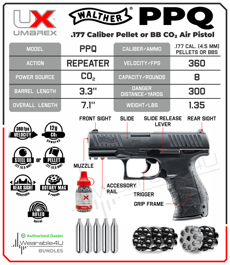 Umarex Walther PPQ .177 Caliber CO2 BBs or Pellets Air pistol, Black with 5x12g CO2 and 3x Spare 8rds Mag and Wearable4U Pack of 1500 .177 BBs Bundle