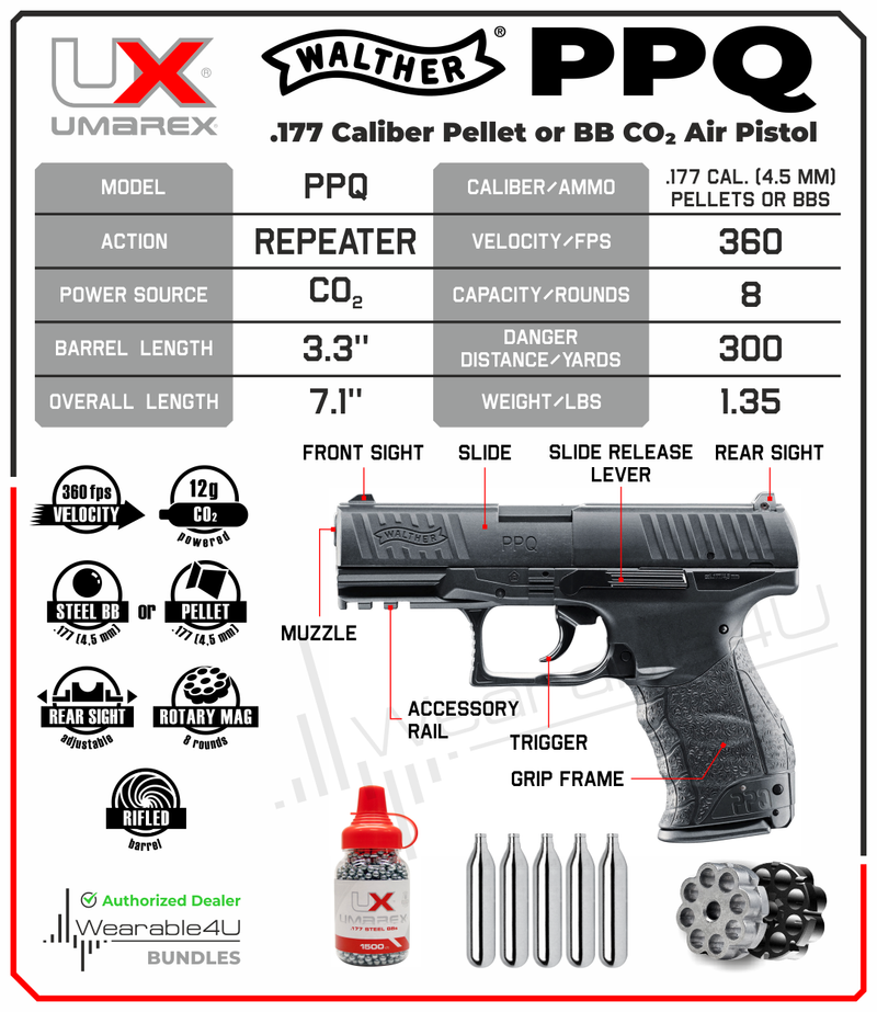 Umarex Walther PPQ .177 Caliber CO2 BBs or Pellets Air pistol, Black with 5x 12g CO2 Tanks and Wearable4U Pack of 1500 4.5mm (.177) BBs Bundle