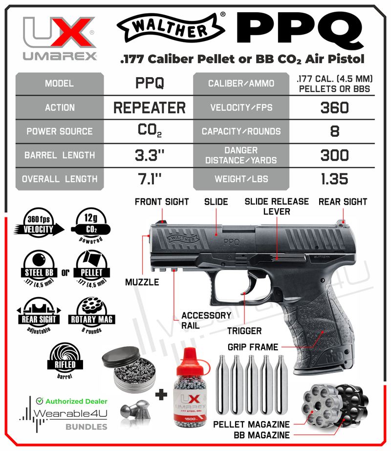 Umarex Walther PPQ .177 Caliber CO2 BBs or Pellets Air pistol, Black with 5x 12g CO2 Tanks and Wearable4U Pack of 500 Pellets and 1500 .177 BBs Bundle