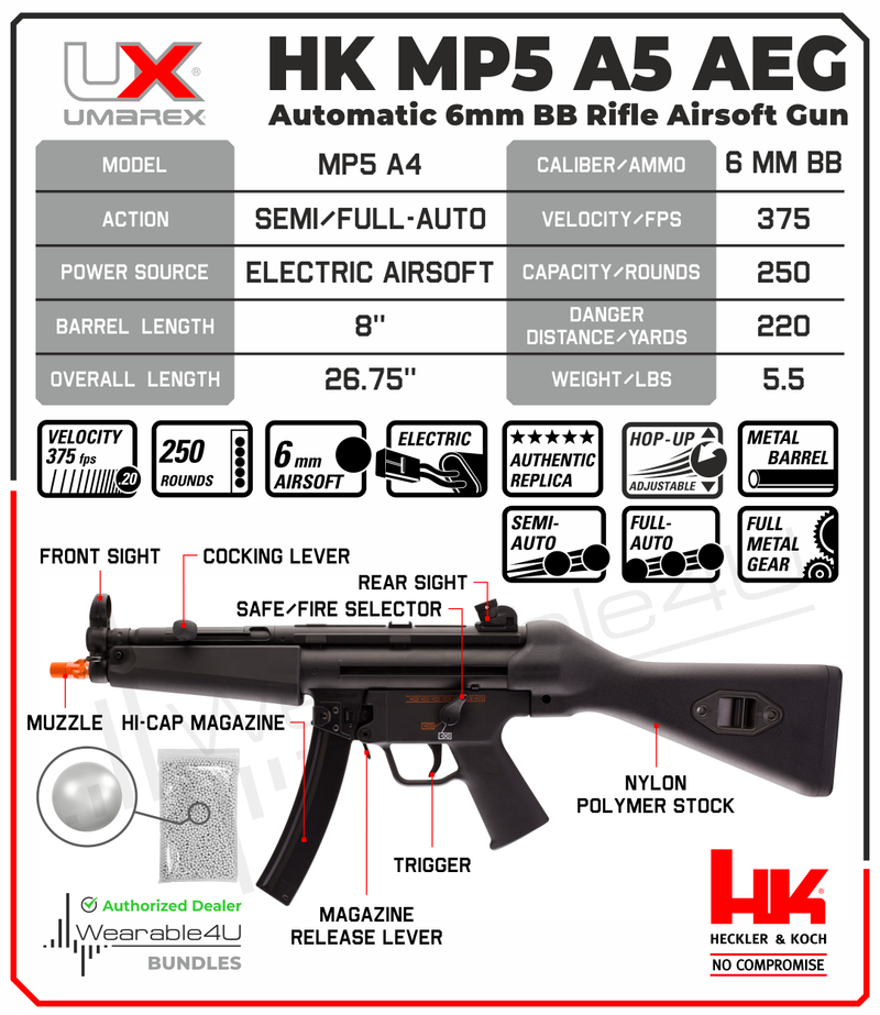 Elite Force HK Heckler & Koch MP5 AEG Automatic 6mm BB Rifle Airsoft Gun, MP5 A4 Elite Series (2262061) with Wearable4U 6mm 1000 BBs Bundle