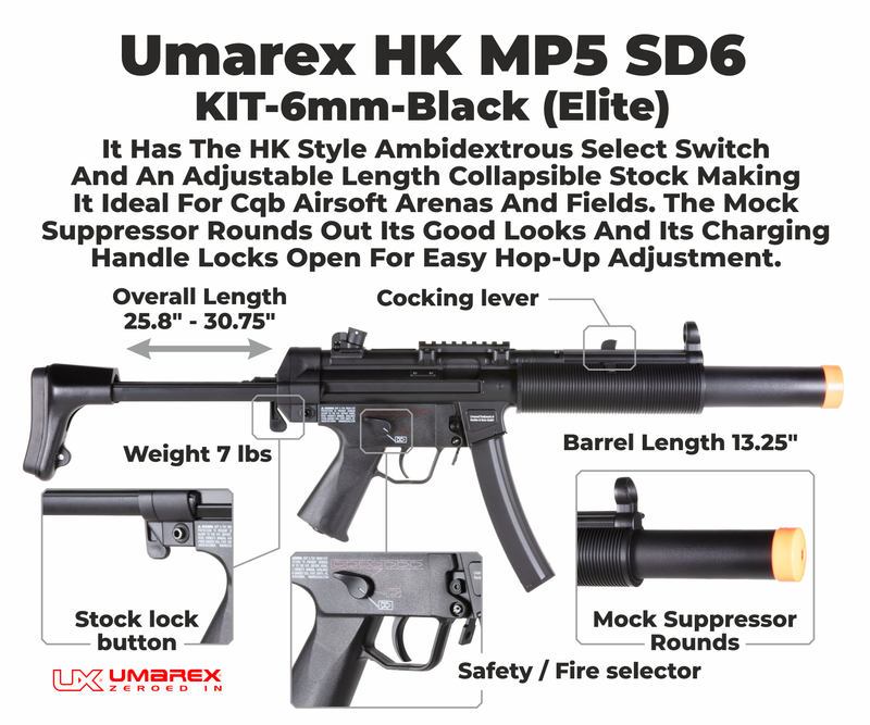 Umarex HK MP5 SD6 KIT-6MM-Black Elite Airsoft AEG Rifle (A5 stock installed on Airsoft Rifle; includes A4 Stock in Box) with Included Wearable4U Bundle