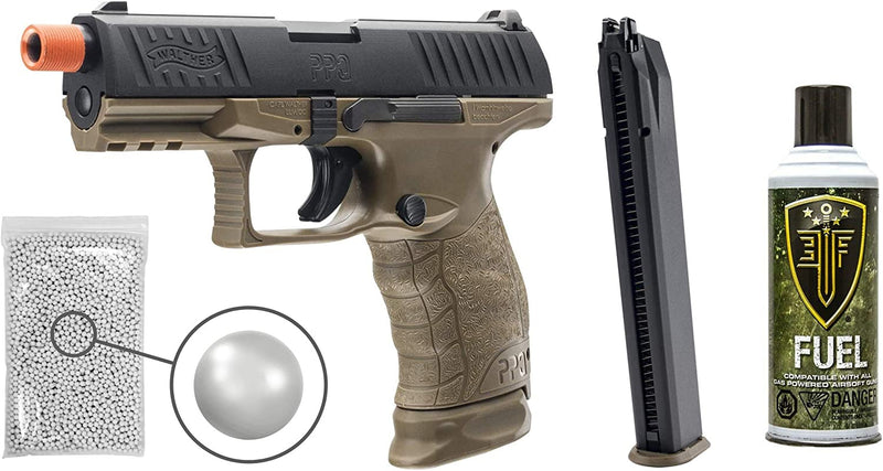 Umarex Walther PPQ GBB Dark Earth Brown Gas Blowback Airsoft Pistol (2272808) with Wearable4U Bundle