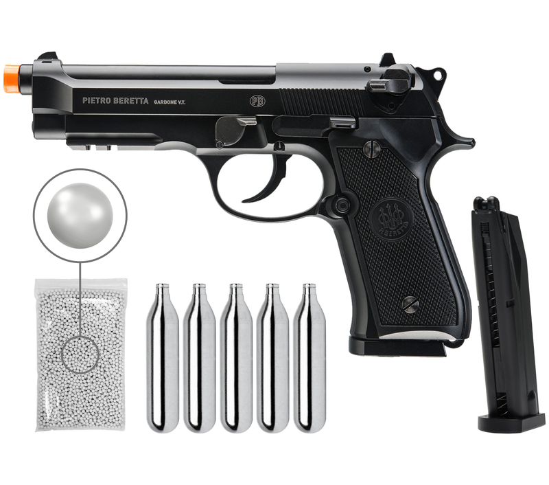 Umarex Beretta M92 A1 CO2 Blowback Auto/Semi CO2 6mm Airsoft Pistol with Included Extra Extended 42rd Mag and CO2 12 Gram (5 Pack) and Pack of 1000ct BBs Bundle