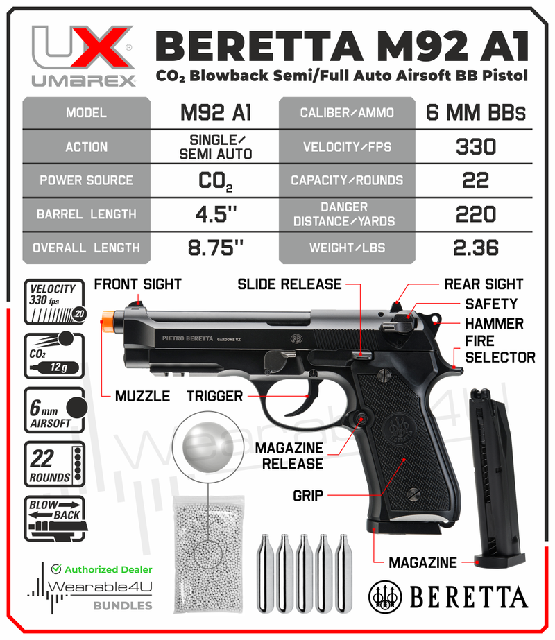 Umarex Beretta M92 A1 CO2 Blowback Auto/Semi CO2 6mm Airsoft Pistol with Included Extra Extended 42rd Mag and CO2 12 Gram (5 Pack) and Pack of 1000ct BBs Bundle