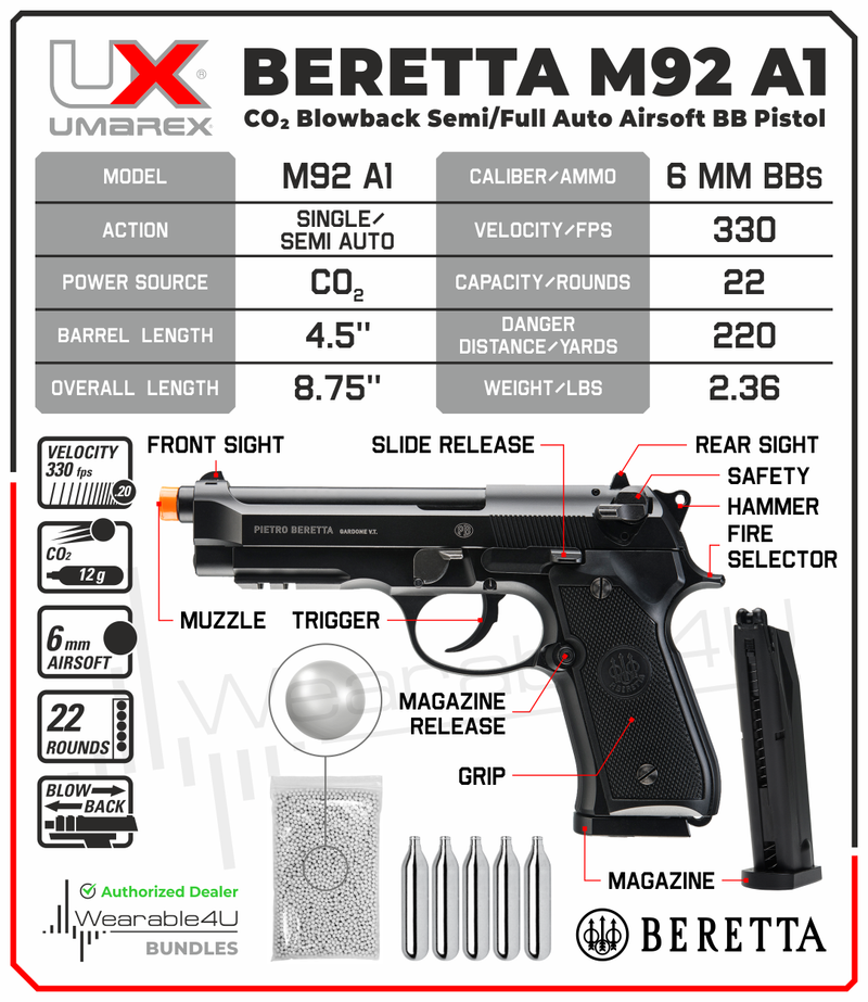 Umarex Beretta M92 A1 CO2 Blowback Auto/Semi CO2 Airsoft BB Pistol Airsoft Gun with Included Extra Extended 42rd Mag and CO2 12 Gram (5 Pack) Pack of 1000ct BBS Bundle