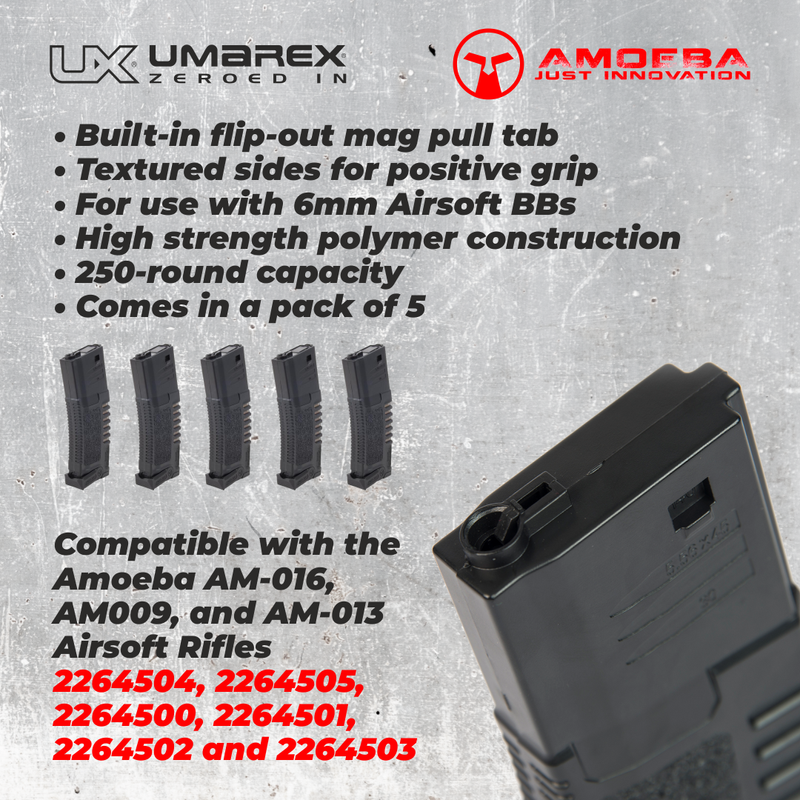 Umarex Amoeba AM4 6mm BB Airsoft Gun Magazines (Pack of 5), Black, Hi-Cap (250 Rounds)