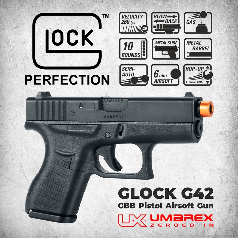 Umarex Glock G42 Sub-Compact GBB Blowback 6mm Green Gas Airsoft Pistol, 260 fps, Black (2276325)