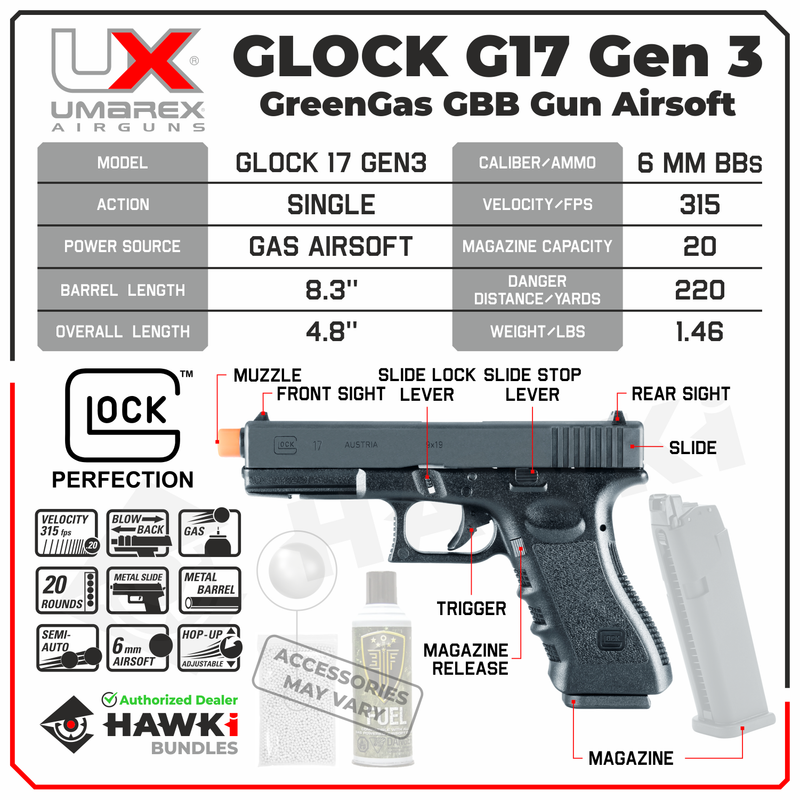 Umarex Glock G17 Gen 3 Green Gas GBB Airsoft Pistol (2276346) with Wearable4U Bundle