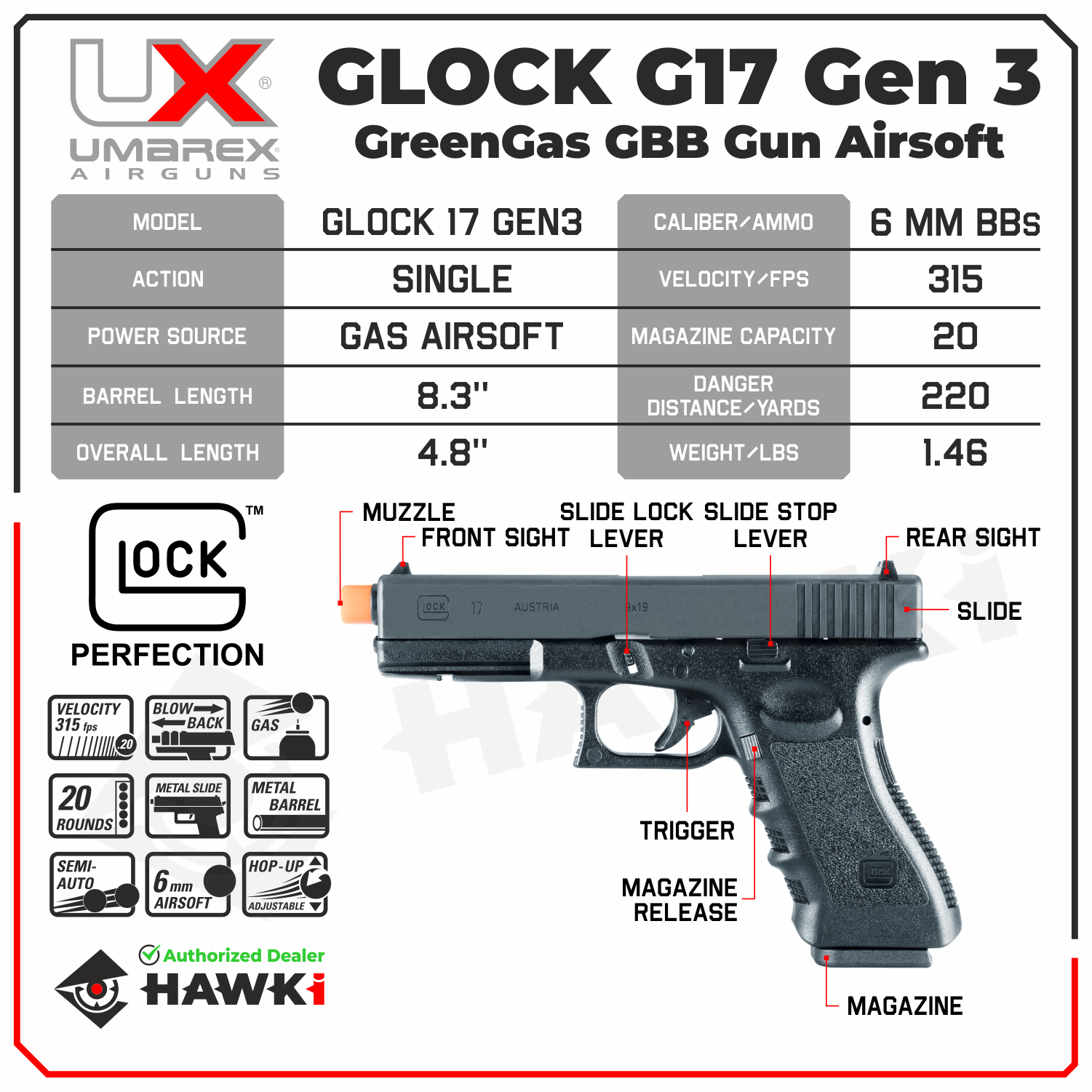 Umarex Glock G17 Gen 3 Green Gas GBB Airsoft Pistol (2276346 Umarex Glock G17 Gen 3 Green Gas GBB Airsoft Pistol (2276346
