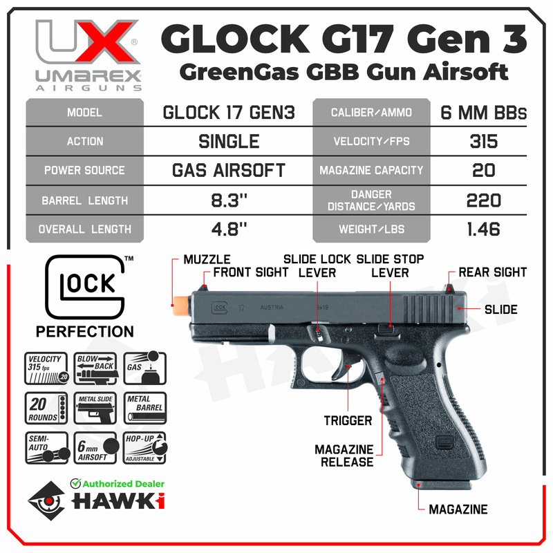 Umarex Glock G17 Gen 3 Green Gas GBB Airsoft Pistol (2276346)