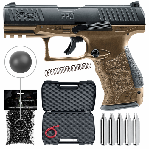 Umarex T4E Walther PPQ M2 (Gen2) LE .43 Cal Paintball Pistol (Black/FDE) with Pack of 500 .43 Cal Reusable Black Rubber Balls and 5x12gr CO2 Tank Bundle