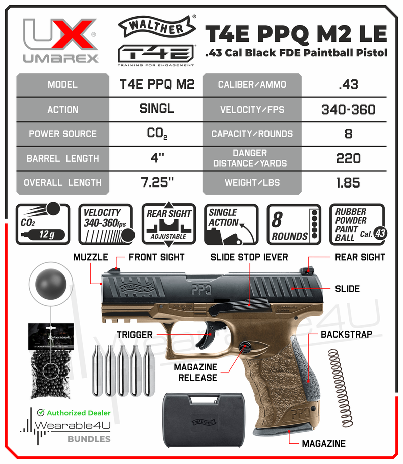 Umarex T4E Walther PPQ M2 (Gen2) LE .43 Cal Paintball Pistol (Black/FDE) with Pack of 500 .43 Cal Reusable Black Rubber Balls and 5x12gr CO2 Tank Bundle