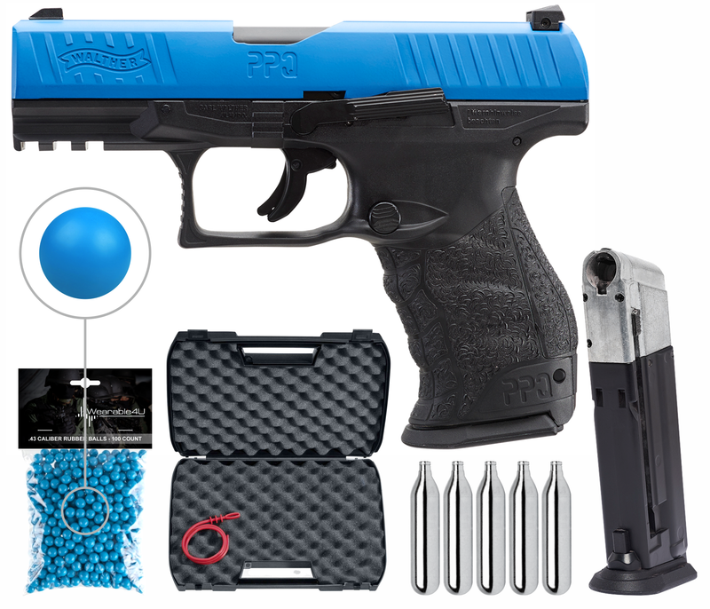 Umarex T4E .43cal Walther PPQ LE Paintball Pistol Law Enforcement Trainer with Included Extra Mag and 5x12 Gram CO2 Tanks and T4E Pack of .43 Cal Blue Paintballs Bundle (Blue)