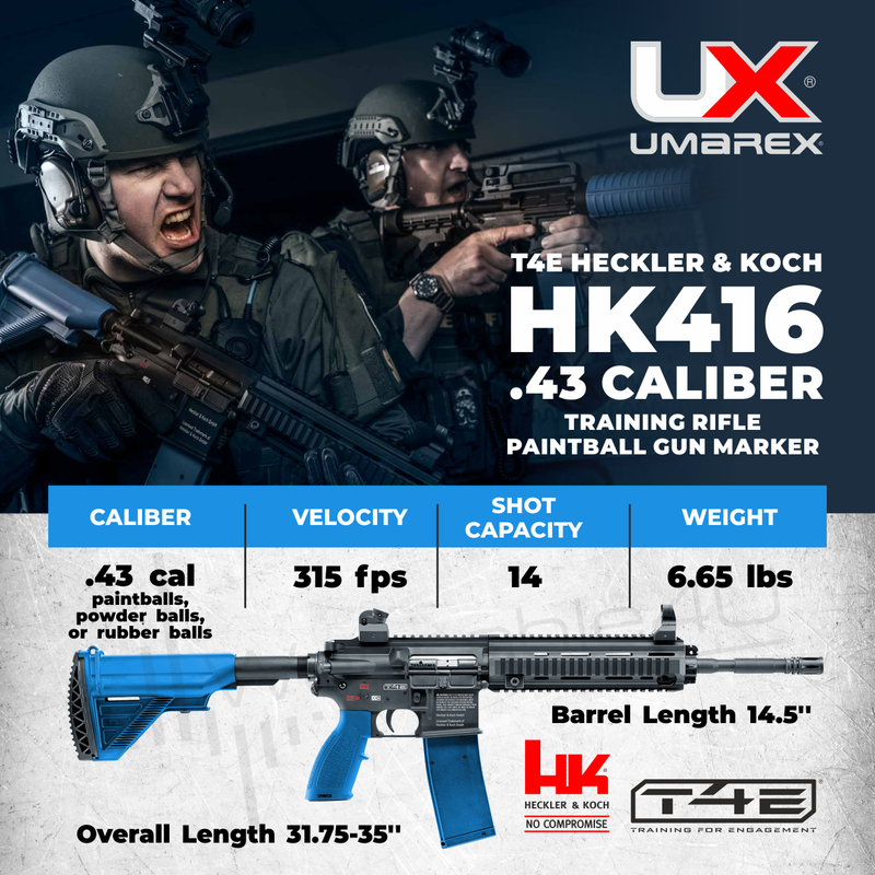 Umarex T4E HK416 Training CO2 Powered .43 Caliber Paintball Rifle Marker with Included 5x12 Gram CO2 Tanks and T4E Pack of 430 .43 Cal Reusable Rubber Balls Bundle