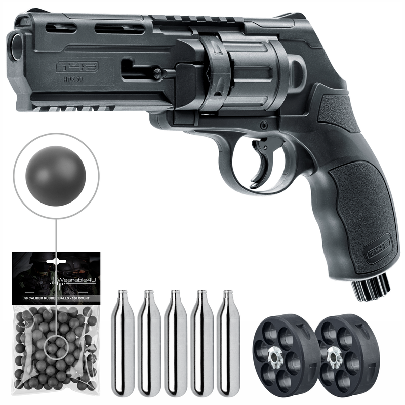 Umarex T4E TR50 .50 Caliber Black CO2 Training Paintball Pistol Revolver Marker with 5x12gr CO2 Tank and Pack of 100 Reusable Black Rubber Balls Bundle