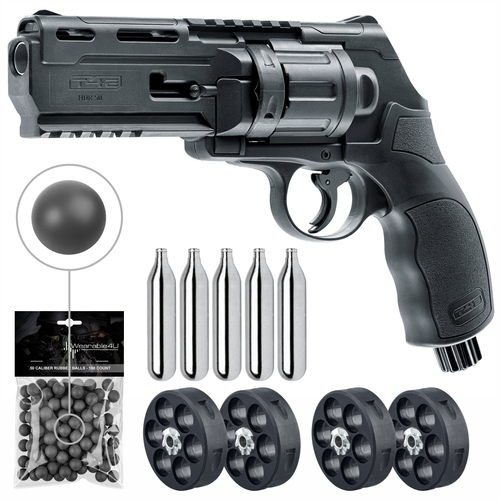 Umarex T4E TR50 .50 Caliber Black CO2 Training Paintball Pistol Revolver Marker with 5x12gr CO2 Tank and 2x Mag and Pack of 100 Reusable Black Rubber Balls Bundle