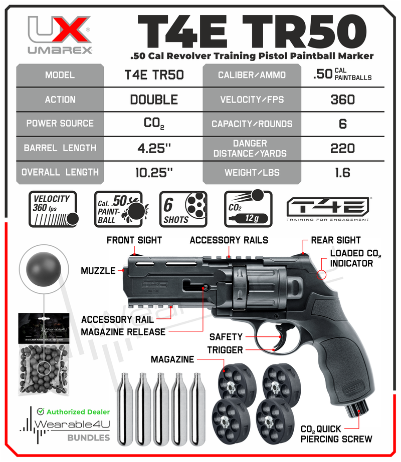 Umarex T4E TR50 .50 Caliber Black CO2 Training Paintball Pistol Revolver Marker with 5x12gr CO2 Tank and 2x Mag and Pack of 100 Reusable Black Rubber Balls Bundle