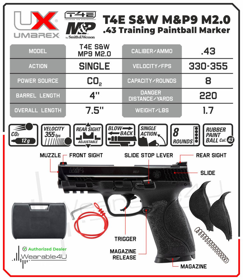 Umarex T4E S&W M&P9 M2.0 .43 Caliber Black Paintball Marker (2292124) with Wearable4U Bundle