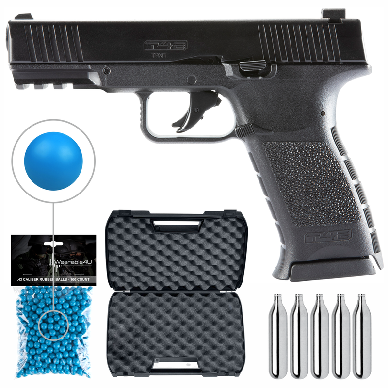 Umarex T4E TPM1 (8XP) .43 cal Paintball Marker Training Pistol with Pack of 100 .43 Cal Blue Paintballs  and 5x12gr CO2 Tank Bundle (Black)