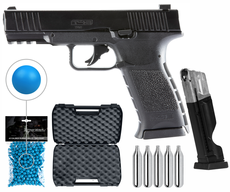 Umarex T4E TPM1 (8XP) .43 cal Paintball Marker Training Pistol with Pack of 100 .43 Cal Blue Paintballs  and 5x12gr CO2 Tank and Extra Magazine Bundle (Black)