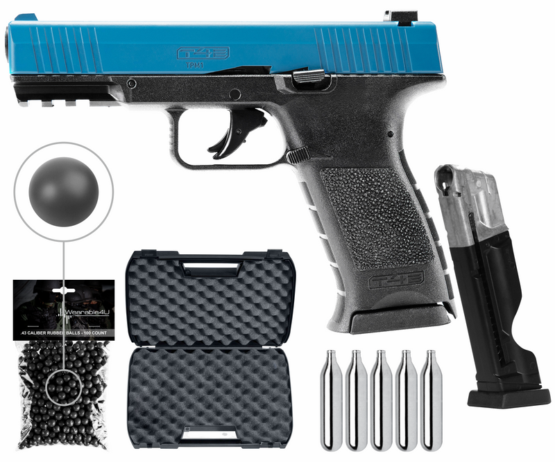 Umarex T4E TPM1 (8XP) .43 cal Paintball Marker Training Pistol with Pack of 100 Reusable Black Rubber Balls and 5x12gr CO2 Tank and Extra Magazine Bundle (Blue/Black)