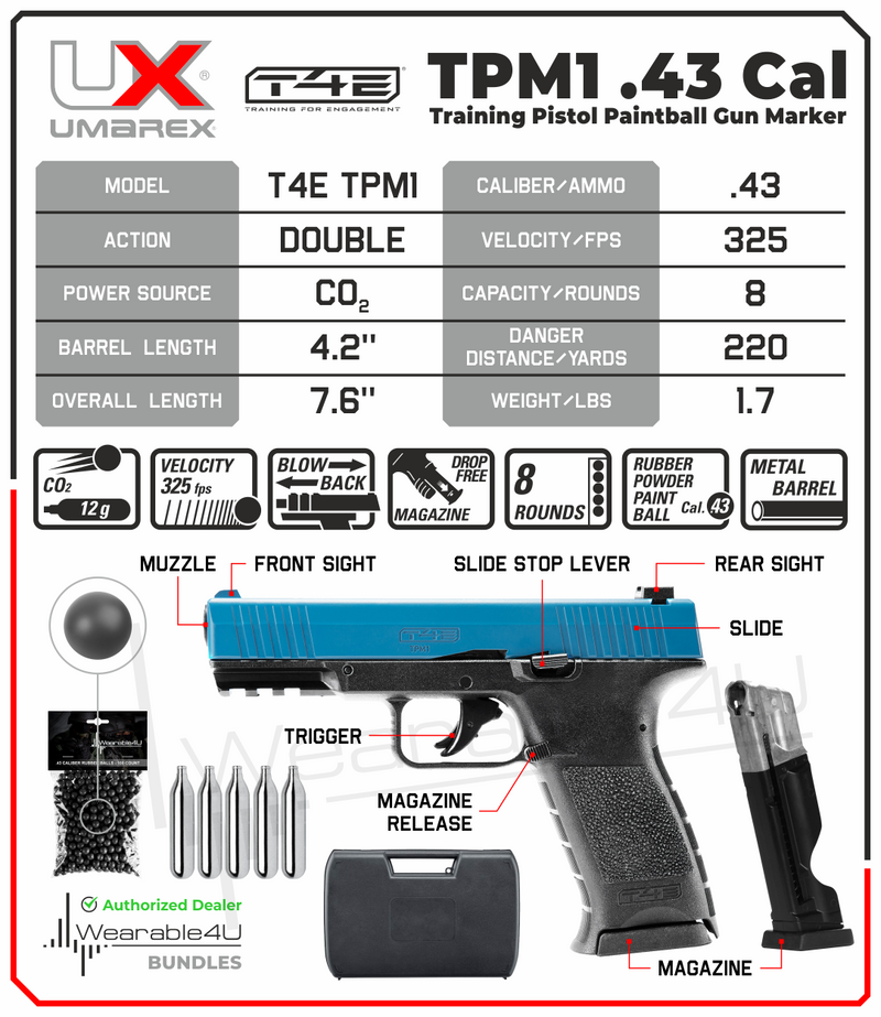 Umarex T4E TPM1 (8XP) .43 cal Paintball Marker Training Pistol with Pack of 100 Reusable Black Rubber Balls and 5x12gr CO2 Tank and Extra Magazine Bundle (Blue/Black)
