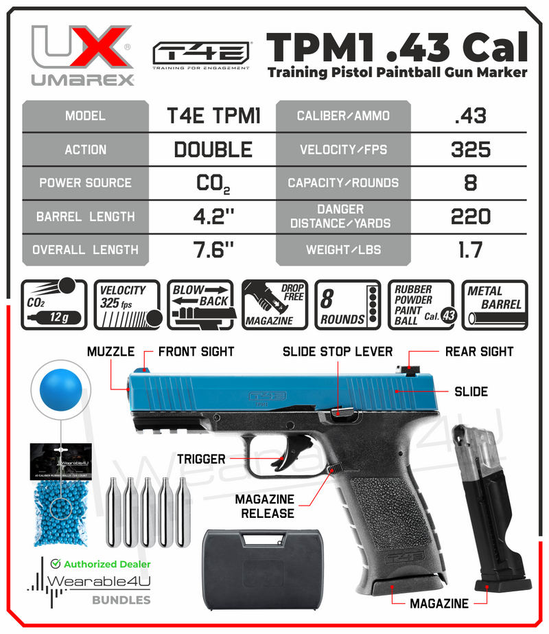 Umarex T4E TPM1 (8XP) .43 cal Paintball Marker Training Pistol with Pack of 100 .43 Cal Blue Paintballs  and 5x12gr CO2 Tank and Extra Magazine Bundle (Blue/Black)