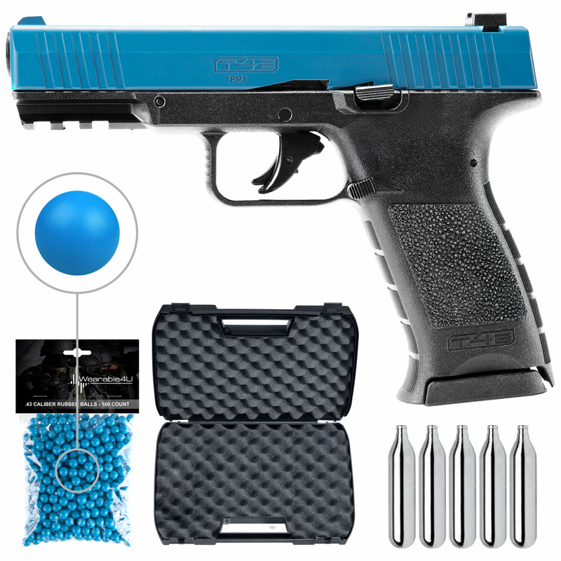 Umarex T4E TPM1 (8XP) .43 cal Paintball Marker Training Pistol with Pack of 100 .43 Cal Blue Paintballs  and 5x12gr CO2 Tank Bundle (Blue/Black)