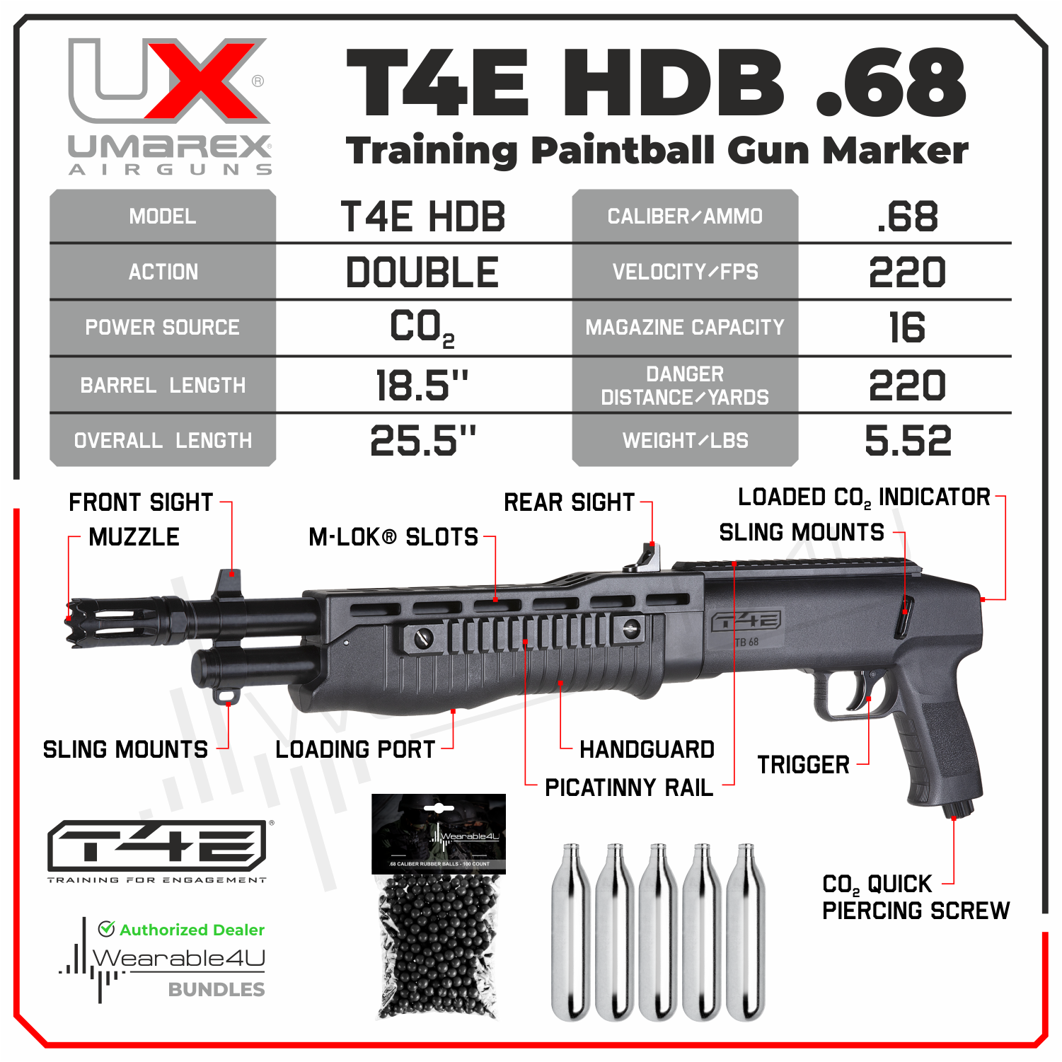 Umarex T4E TB .68 Cal CO2 Paintball Marker, Black (2292140) with