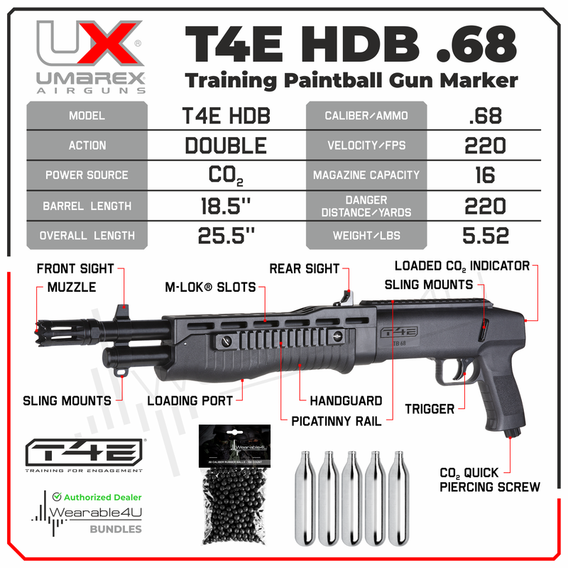 Umarex T4E TB .68 Cal CO2 Paintball Marker, Black (2292140) with 5x CO2 and Pack of 100x .68 Cal Rubber Balls Bundle