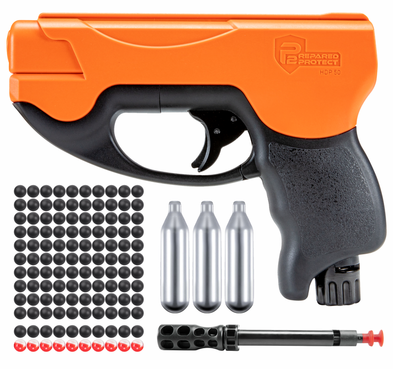 Umarex T4E by P2P HDP Compact .50 Caliber CO2 Pepper Round Pistol (2292304) with Pepper Balls and Rubber Balls and 3x CO2 Tanks or Powder Balls Bundle