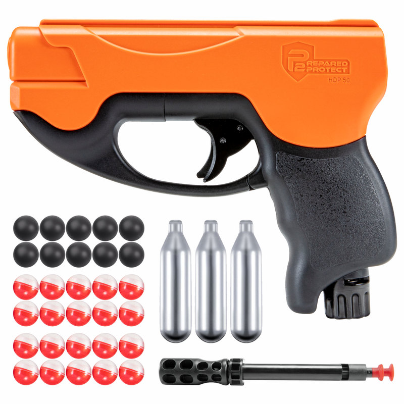 Umarex T4E by P2P HDP Compact .50 Caliber CO2 Pepper Round Pistol (2292304) with Pepper Balls and Rubber Balls and 3x CO2 Tanks or Powder Balls Bundle
