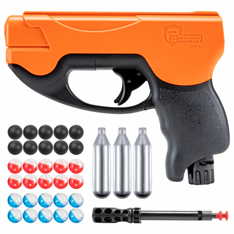 Umarex T4E by P2P HDP Compact .50 Caliber CO2 Pepper Round Pistol (2292304) with Pepper Balls and Rubber Balls and 3x CO2 Tanks or Powder Balls Bundle