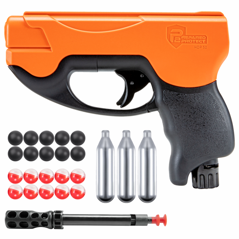 Umarex T4E by P2P HDP Compact .50 Caliber CO2 Pepper Round Pistol (2292304) with Pepper Balls and Rubber Balls and 3x CO2 Tanks or Powder Balls Bundle