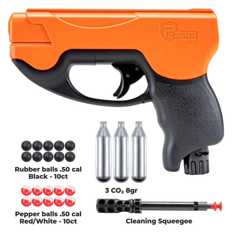 Umarex T4E by P2P HDP Compact .50 Caliber CO2 Pepper Round Pistol (2292304) with Pepper Balls and Rubber Balls and 3x CO2 Tanks or Powder Balls Bundle