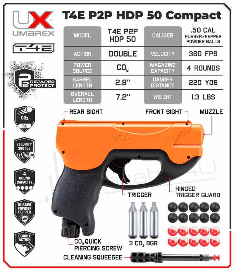 Umarex T4E by P2P HDP Compact .50 Caliber CO2 Pepper Round Pistol (2292304) with Pepper Balls and Rubber Balls and 3x CO2 Tanks or Powder Balls Bundle