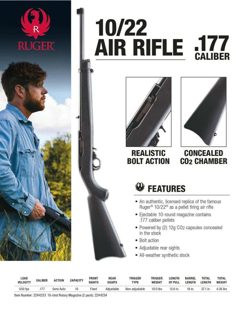 Umarex Ruger 10/22 CO2 Powered .177 Caliber Pellet Air Rifle with Wearable4U 100x Targets, 500x Pellets, Extra 2 Pack Rotary Mags and 5xCO2 Tanks Bundle