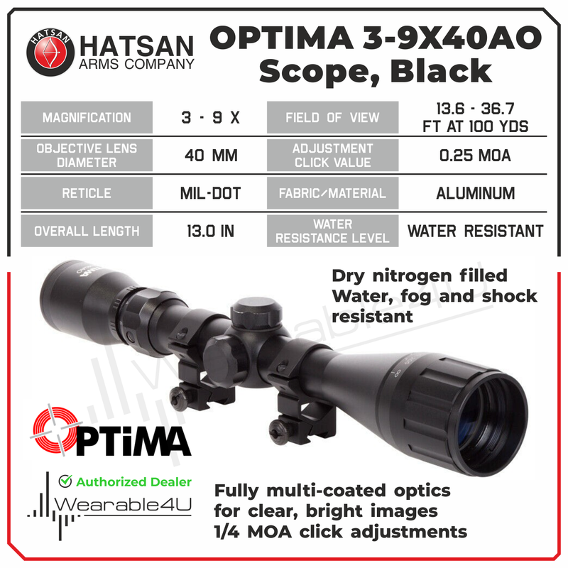 Hatsan Optima 3-9X40AO Air Rifle Scope with Rings and Wearable4U Free Hat (Camo Digital) and Cleaning Pen Bundle