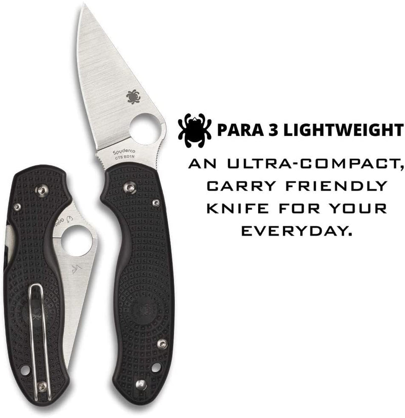 Spyderco Para 3 Lightweight Black FRN BD1N Satin PlainEdge Folding Pocket Knife