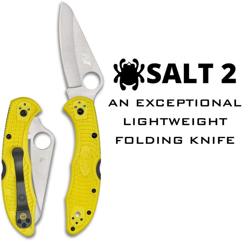 Spyderco Salt 2 Lightweight PlainEdge Folding Knife with 3" H-1 Ultra-Corrosion Resistant Steel Blade and Yellow Handle
