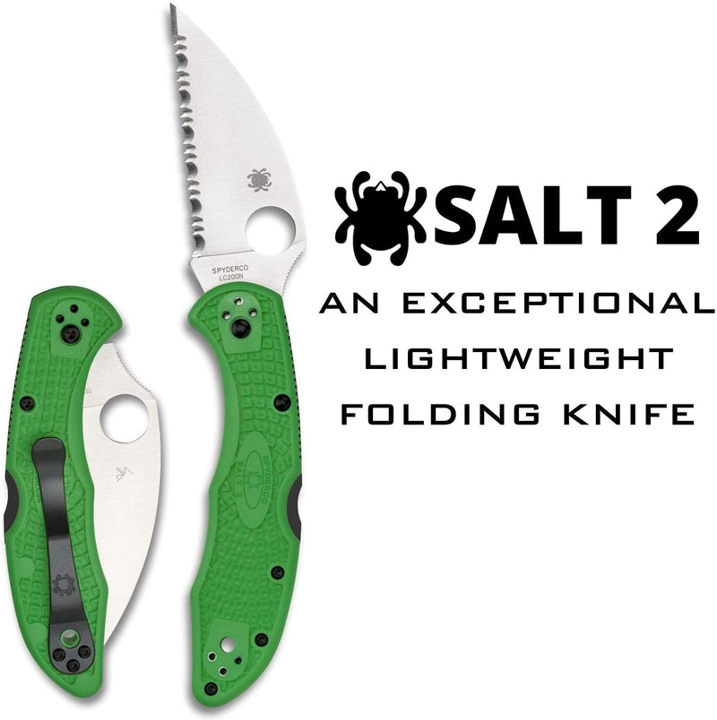 Spyderco C88FSWCGR2 Salt 2 Green LC200N Wharncliffe Serrated Folding Knife