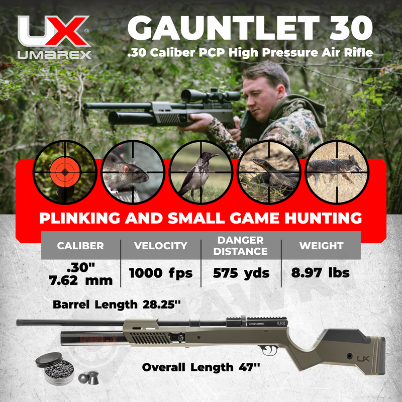 Umarex Gauntlet 2 30 - .30 cal PCP Air Rifle (2254829) with Pack of 100x .30 Pellets and Extra Mag Bundle