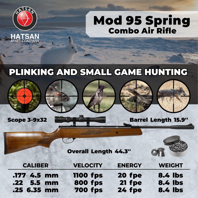 Hatsan Mod 95 Spring Combo .25 Caliber Break Barrel Air Rifle with Wearable4U .25 cal 150ct Pellets and 100x Paper Targets Bundle