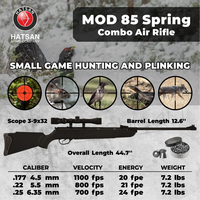 Hatsan Mod 85 Spring Combo .25 Caliber Air Rifle with Wearable4U 100x Paper Targets and 150x .25cal Lead Pellets Bundle
