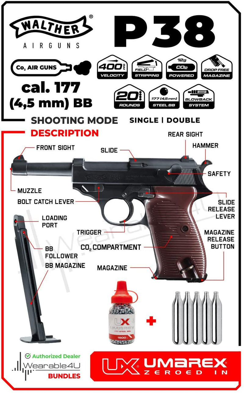 Umarex Walther P38 CO2 BB .177 Cal Blowback Air Pistol with 5x 12g CO2 Tanks and Extra Mag and Wearable4U Pack of 1500 6mm BBs Bundle