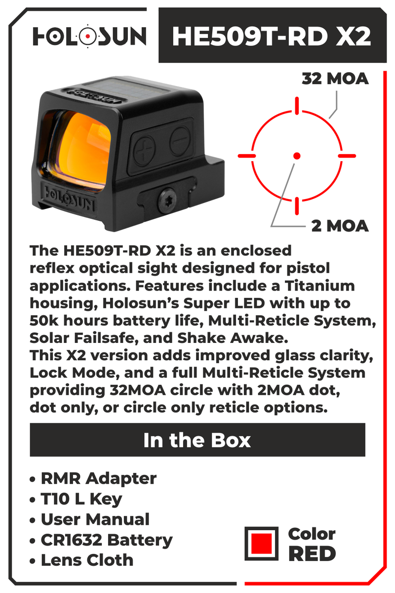 Holosun HE509T-RD X2 Enclosed Reflex Optical Multi-Reticle Red Dot Sight with Free Hat Bundle